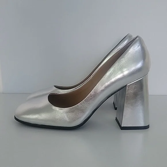 Silver womans high heel chunky heel square toe pumps party dress - Picture 4 of 8